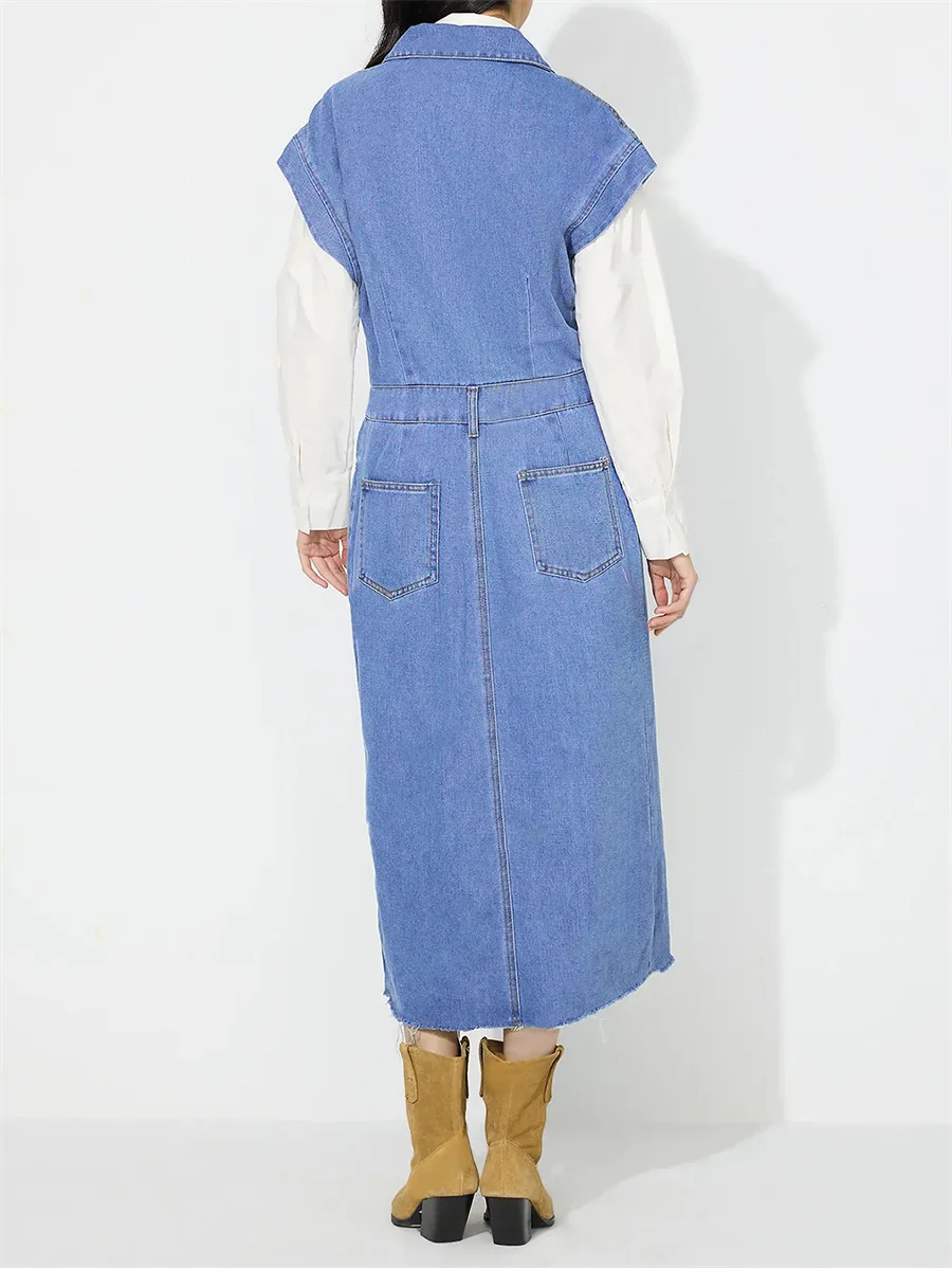 Benuynffy Vintage Half Button Sleeveless Raw Hem Denim Dress Women's Spring Fall Front Slit Casual Long Dresses Without Belt