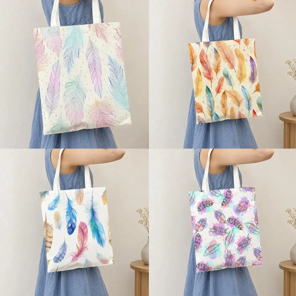 Soft Elegant Cartoon Feather Pattern Storage Bags Lightweight Canvas Tote Bag Portable Shopping Convenient