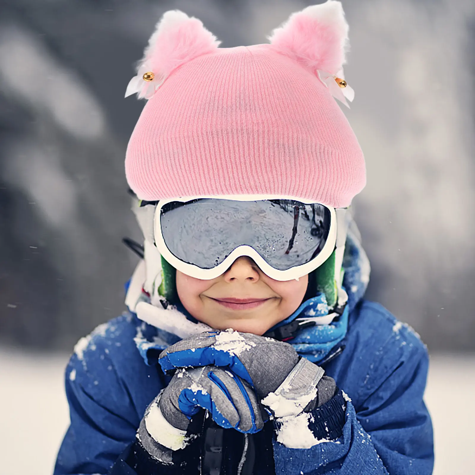 

Вязаная шапка-бини с мультяшными кошачьими ушками, универсальная, для детей и взрослых, теплая, защитная, для сноуборда, скейтборда, велоспорта