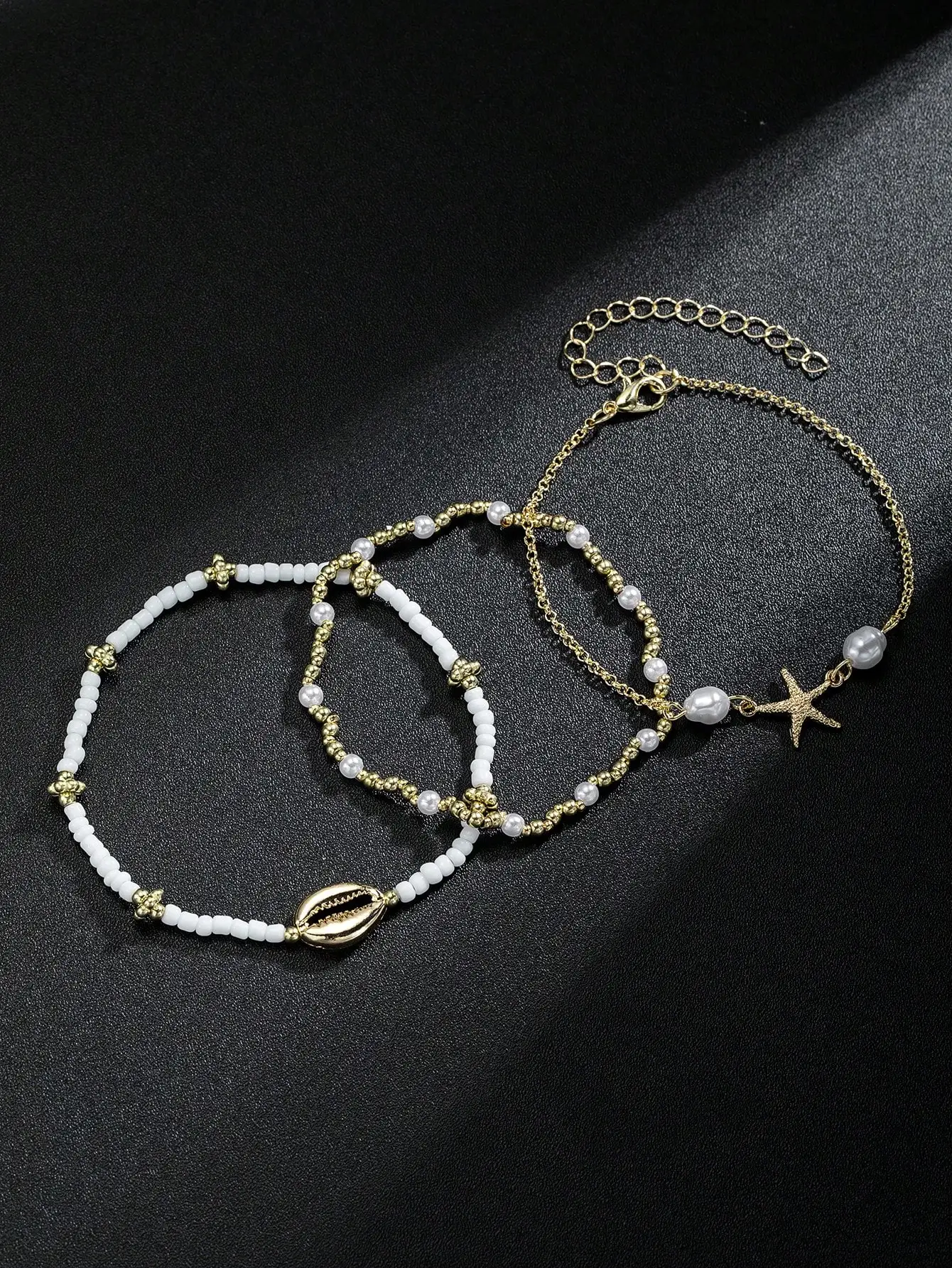 3pcs/Set Summer Beach Style Metal Starfish & Shell Beaded Glass Anklet Set For Women