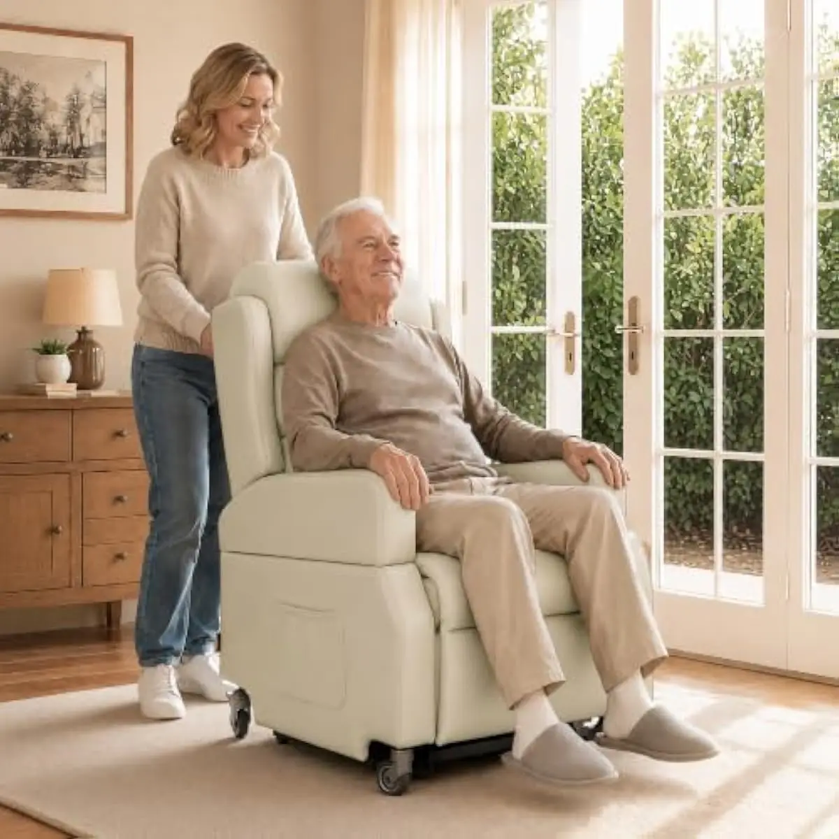 Electric Lift Recliner with 5-Inch Vertical Rise Adjustable Seat Height Swivel Casters Removable Armrests Waterfall Back Support