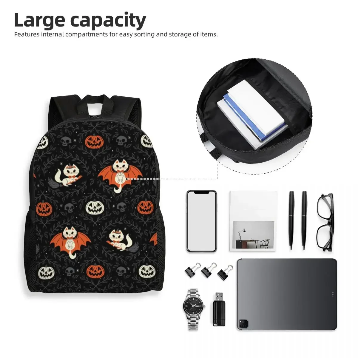 Spooky Kittens Travel Backpack Women Men School Computer Bookbag Halloween Witch Cat College Student Daypack Bags