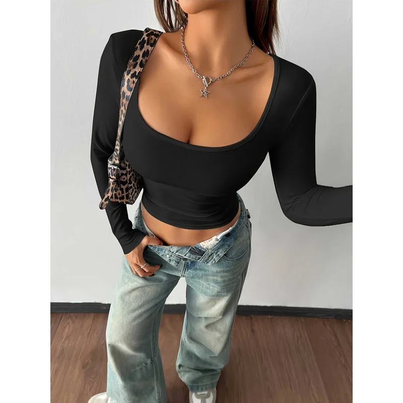 Women's Black Long-Sleeve Slim Fit Shaping Top with Thumb Holes Sports & Casual Fitness Wear for All Seasons