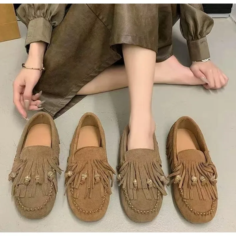 Flats Luxury Summer All-match Flat Bean Shoes Slip-on Lazy Women's Shoes Soft Soles Shallow Mouth Retro Tassel Women's Shoes