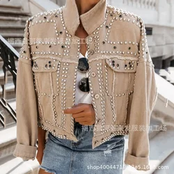 Jackets Women Denim Coats Turn Down Collar Full Sleeve Casual Coat Rivet Open Stitch Regular Splice Autumn Winter Jacket 2024