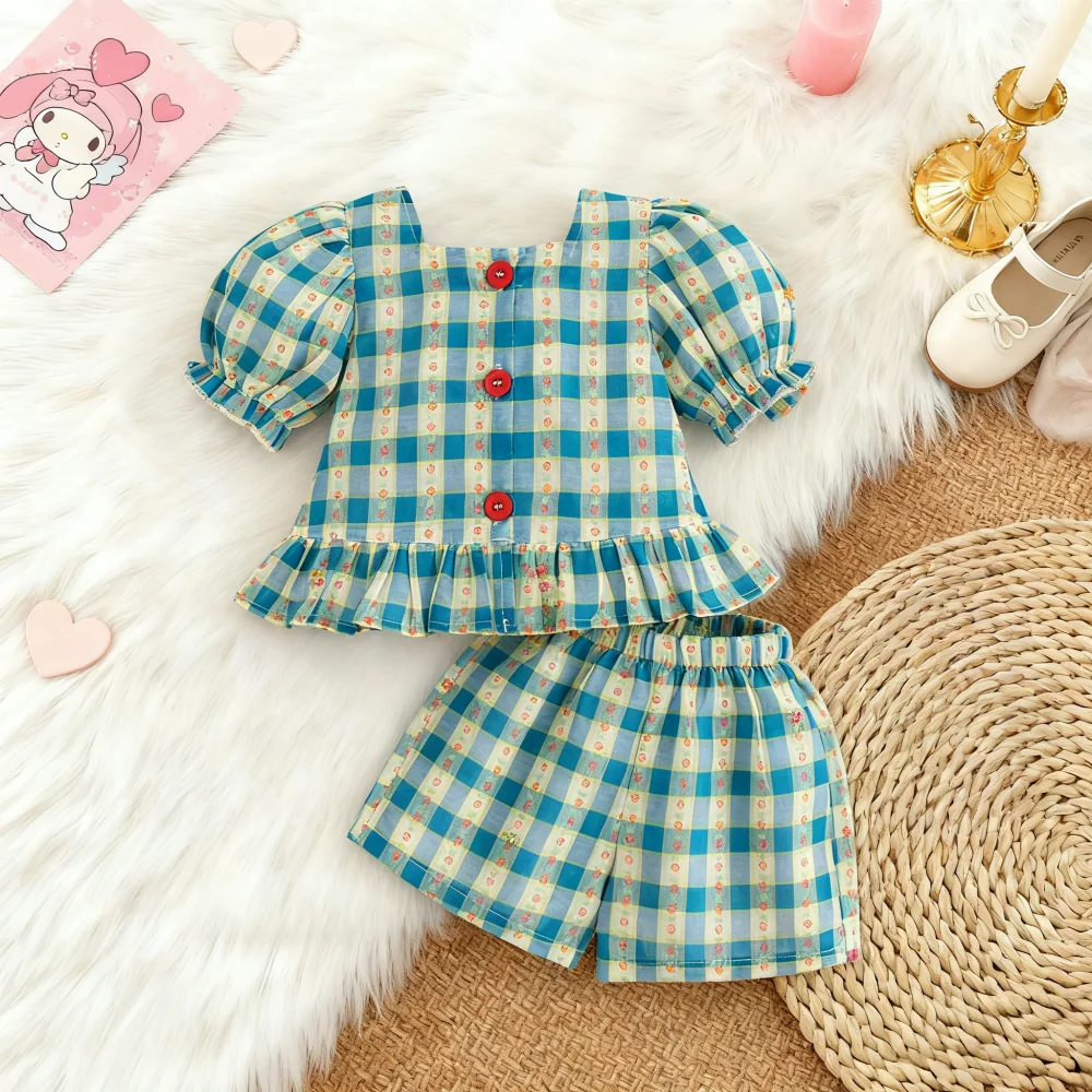 

2pc/Set Girls' Set Summer Plaid Cute Cotton Top and Shorts Baby Girl Clothing Sweet Beach Baby Set