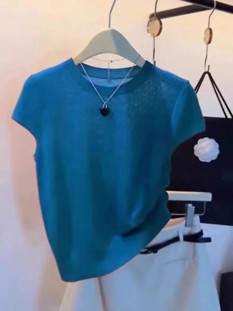 

Blue round Neck Short Sleeve T-Shirt Ice Silk Thin Knitted Summer Top Women's Fashionable Commute Style Korean Version