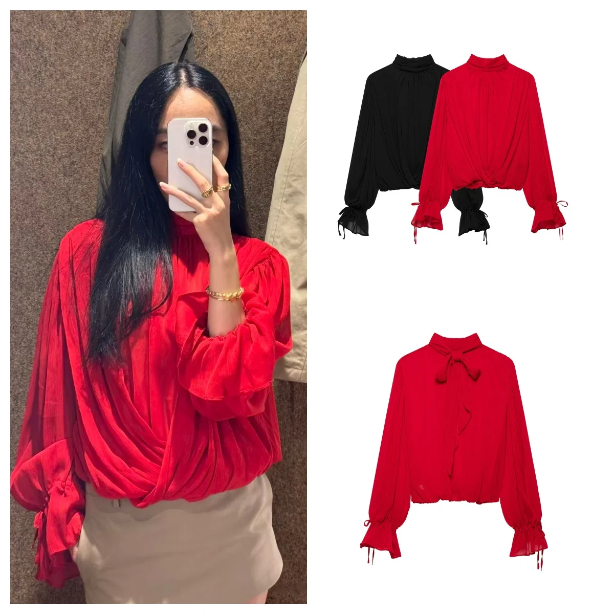 Guobioziy 2026 Autumn Shirt Top Fashion Loose Backless Bow Long-Sleeve Pleated Autumn Shirt Trendy Youth Street-Style Shirt