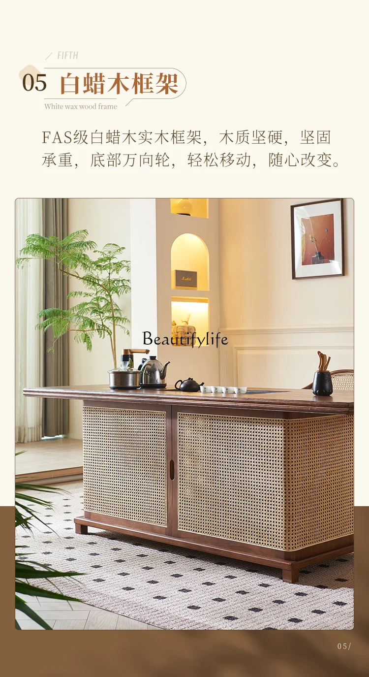 *New Chinese-style solid wood rattan tea table, small tea table, homestay home modern simple tea cabinet