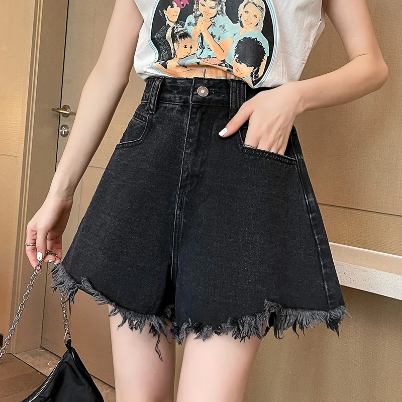 2024 Spring/Summer Korean Edition New Large Black Denim Shorts Loose High Waist Slimming A-line Wide Leg Casual Shorts