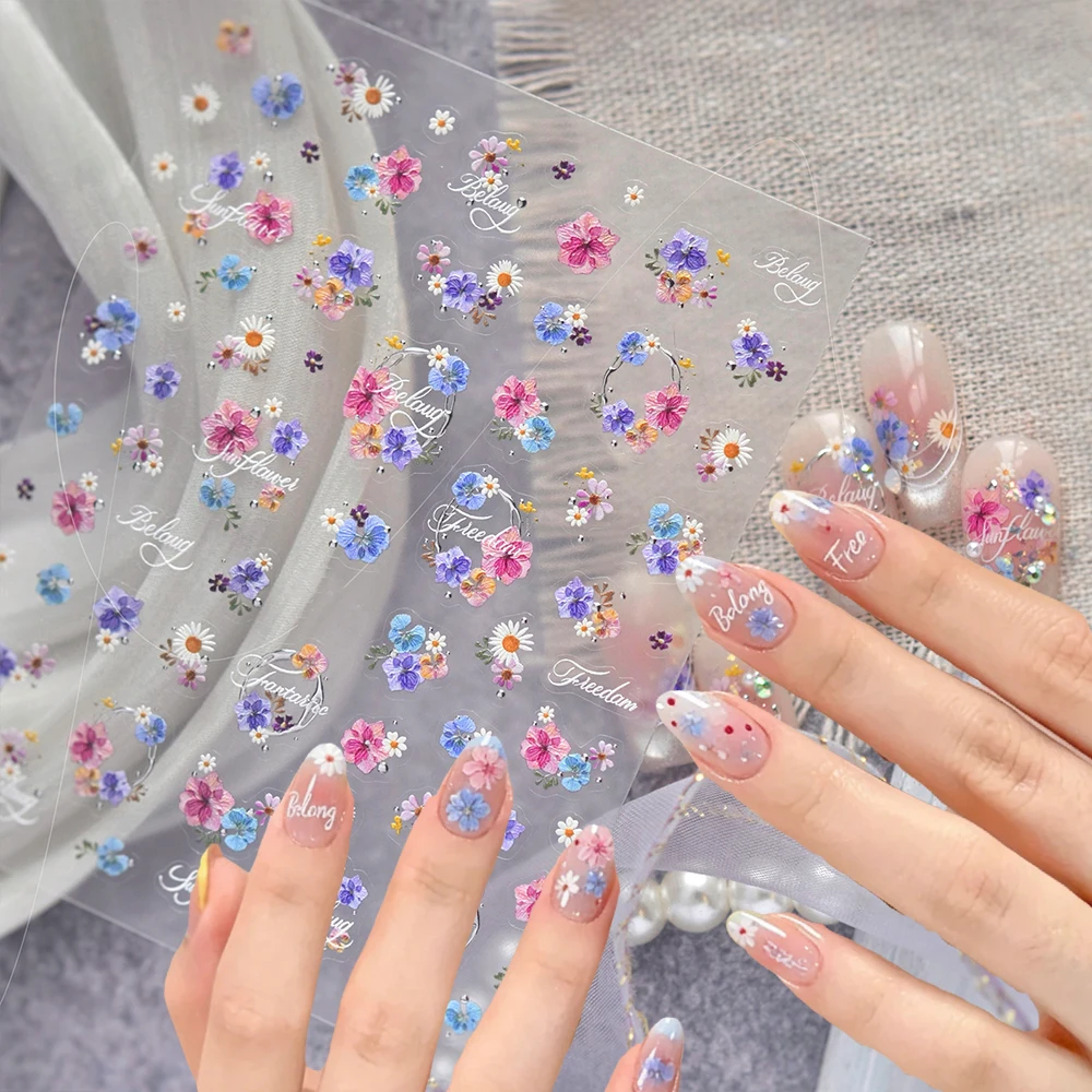 

5D Embossed Dried Flower Texture Nail Stickers Pink Blue Iris Daisy Floral Nail Art Decorations Silver Frame Manicure Decoration