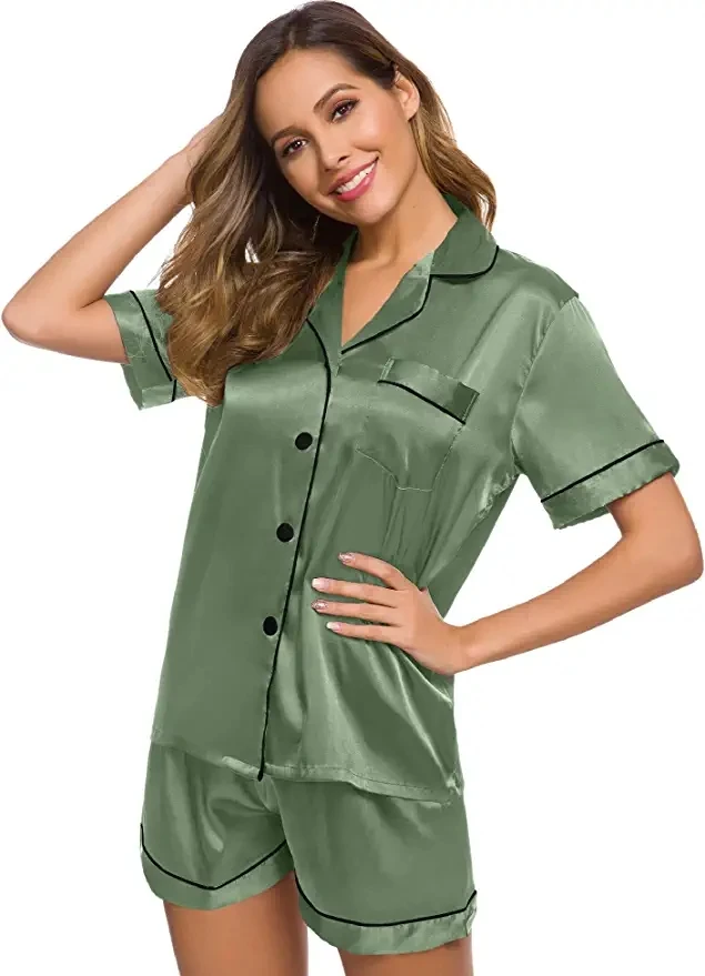 Satin Pajamas Women\'s Short Sleeve Sleepwear Soft Silk Button Down Loungewear Pjs Shorts Set S-XXL