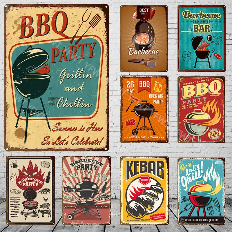 BBQ Grill Family Dinner Plaque Metal Vintage Bbq Tin Sign Restaurant Wall Decor for Kitchen Cafe Diner Bar Burger Metal Signs