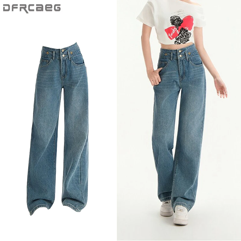 

Джинсы с высокой талией, брюки для женщин, весна-лето 2025 Y2K, уличная одежда, прямые джинсовые брюки полной длины, женские синие джинсы, женские