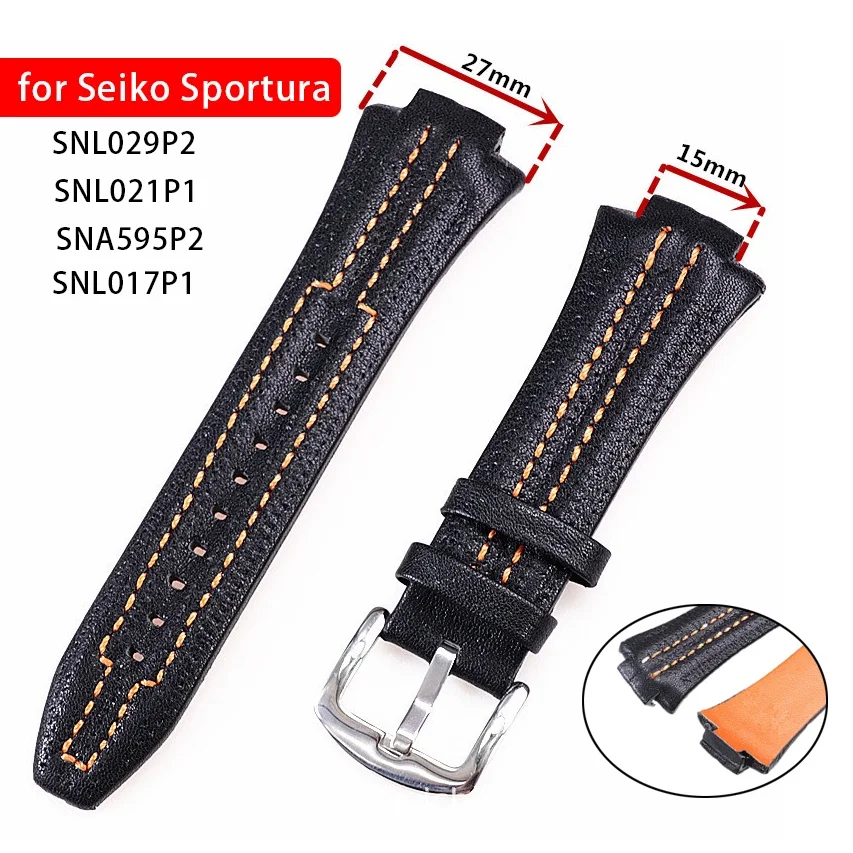 27mm Genuine Leather Watch Strap for Seiko Sportura SNL029P2 SNL021P1 SNA595P2 SNL017P1 Belt Bracelet Soft Cowhide Watch Band