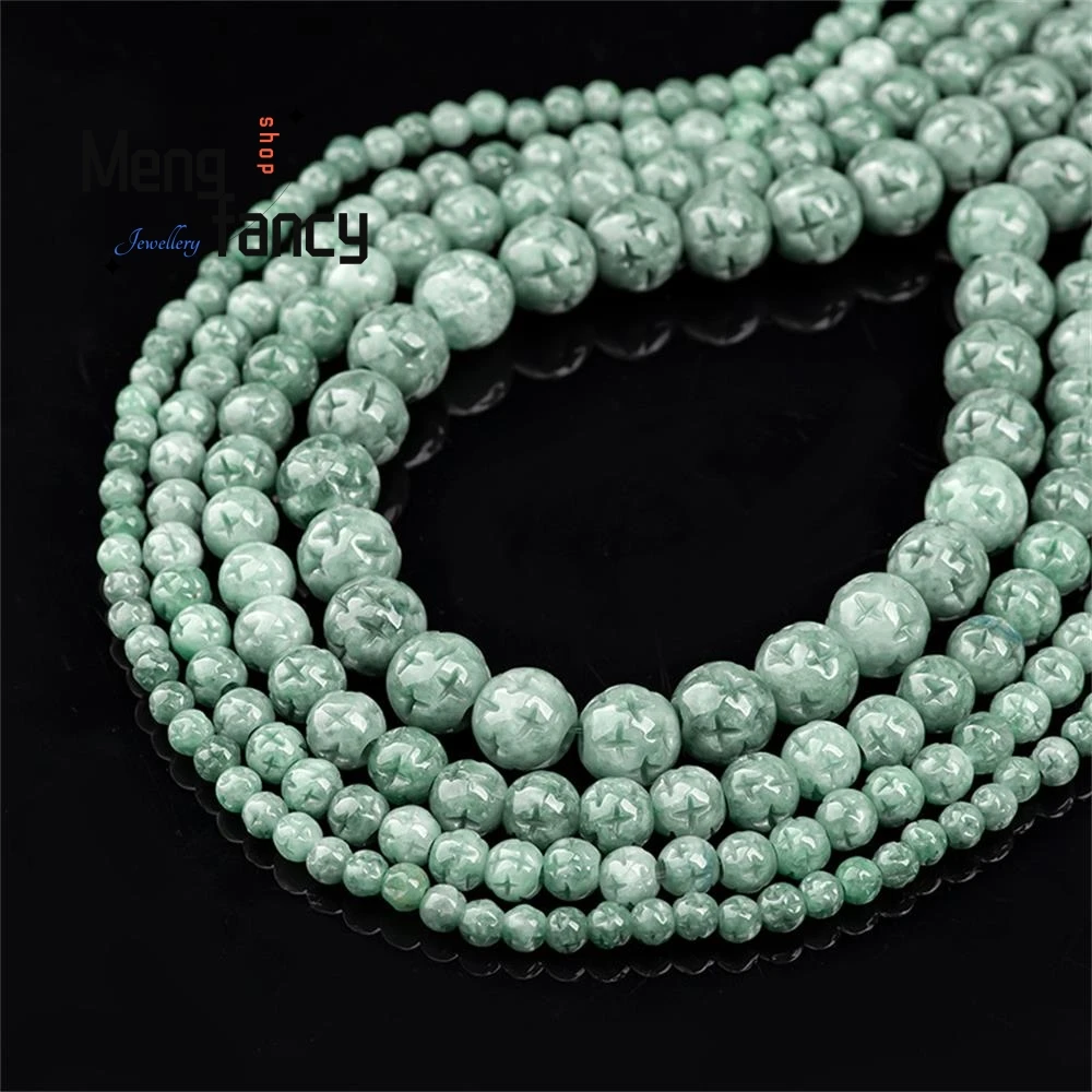 Natural A-goods Jadeite Bean Green Jade Carving Pattern Round Beads Handmade DIY Materials Bracelet Accessories Fashion Jewelry