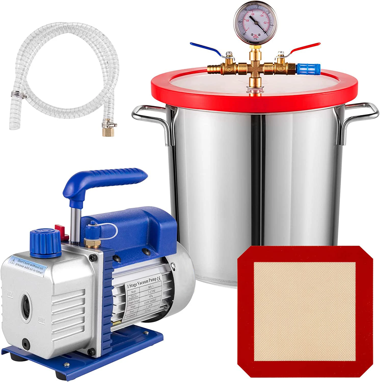 

Free Shipping 5 Gal (20L) Vacuum Chamber Pump with 4.5CFM Vacuum Pump,28cm*30cm Stainless Steel Degassing Chamber