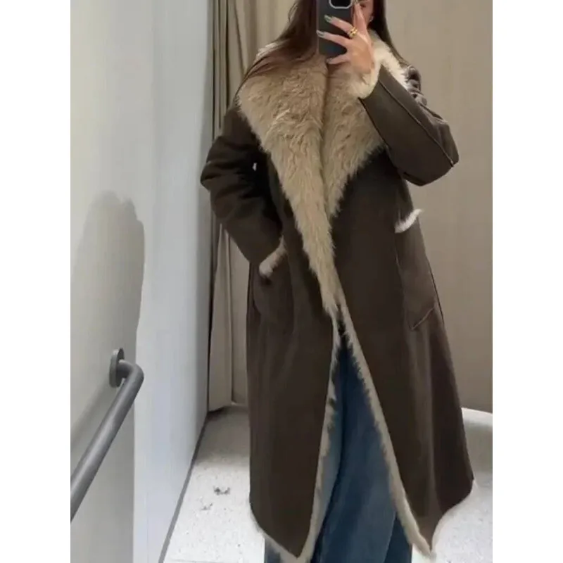 

Двустороннее шерстяное пальто, длинное меховое кожаное лоскутное теплое утепленное пальто с лацканами с обеих сторон, женское пушистое верхняя одежда, топ