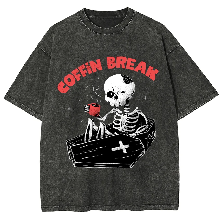 

Skull Drink Coffee Print Women's Men's T-Shirt Loose Oversized Short Sleeve 2024 Summer Hot Selling Couple Top Casual Retro Tee