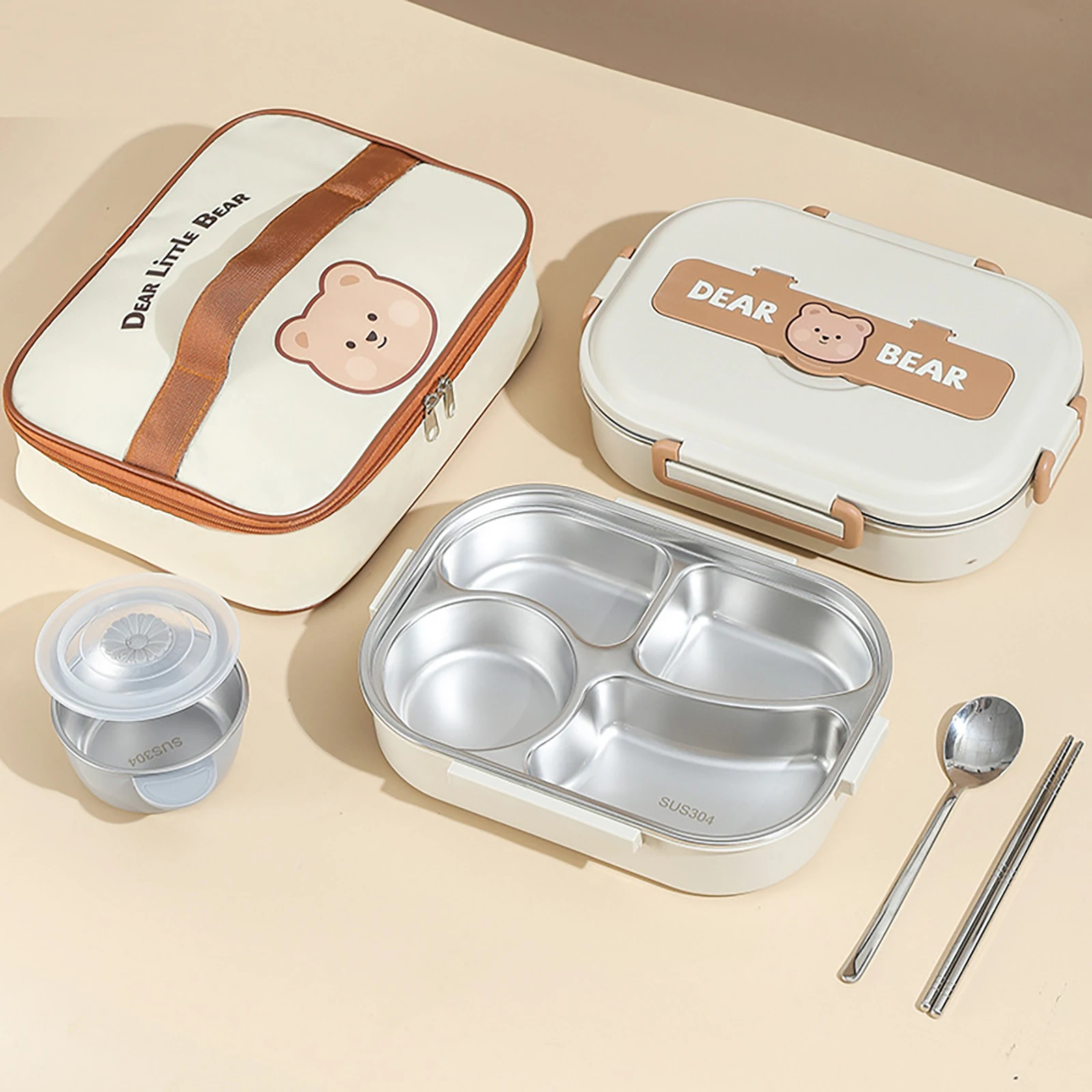 304 Stainless Steel Lunch Box Insulation Foot Container Microwavable Students Bento Case With Spoons or Chopsticks
