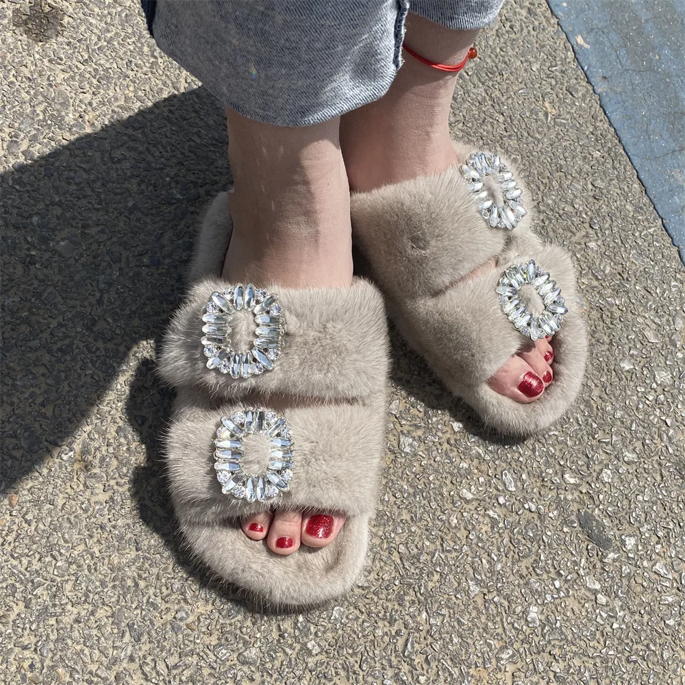 Women Warm Winter Crystal Fur Shoes For Women Slippers 2024 New Women Fur Slippers Shoes Casual Plush Comfortable Mink Slippers