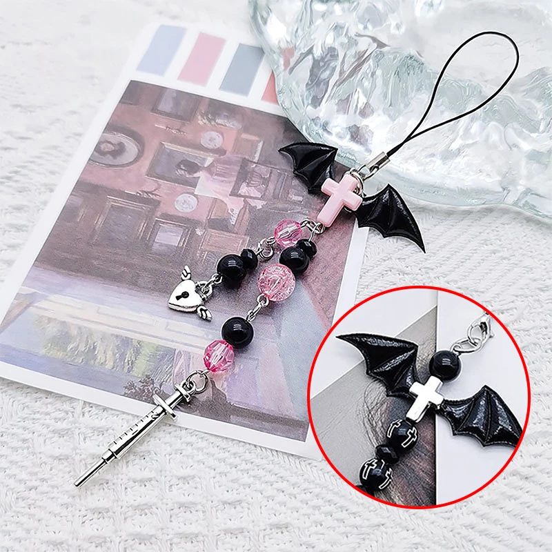 

1PC Black Punk Y2K Phone Pendant Chain Cool Girl Sweet Charm With Cross Butterfly Accessories For Phone Bag Lanyard Keychain