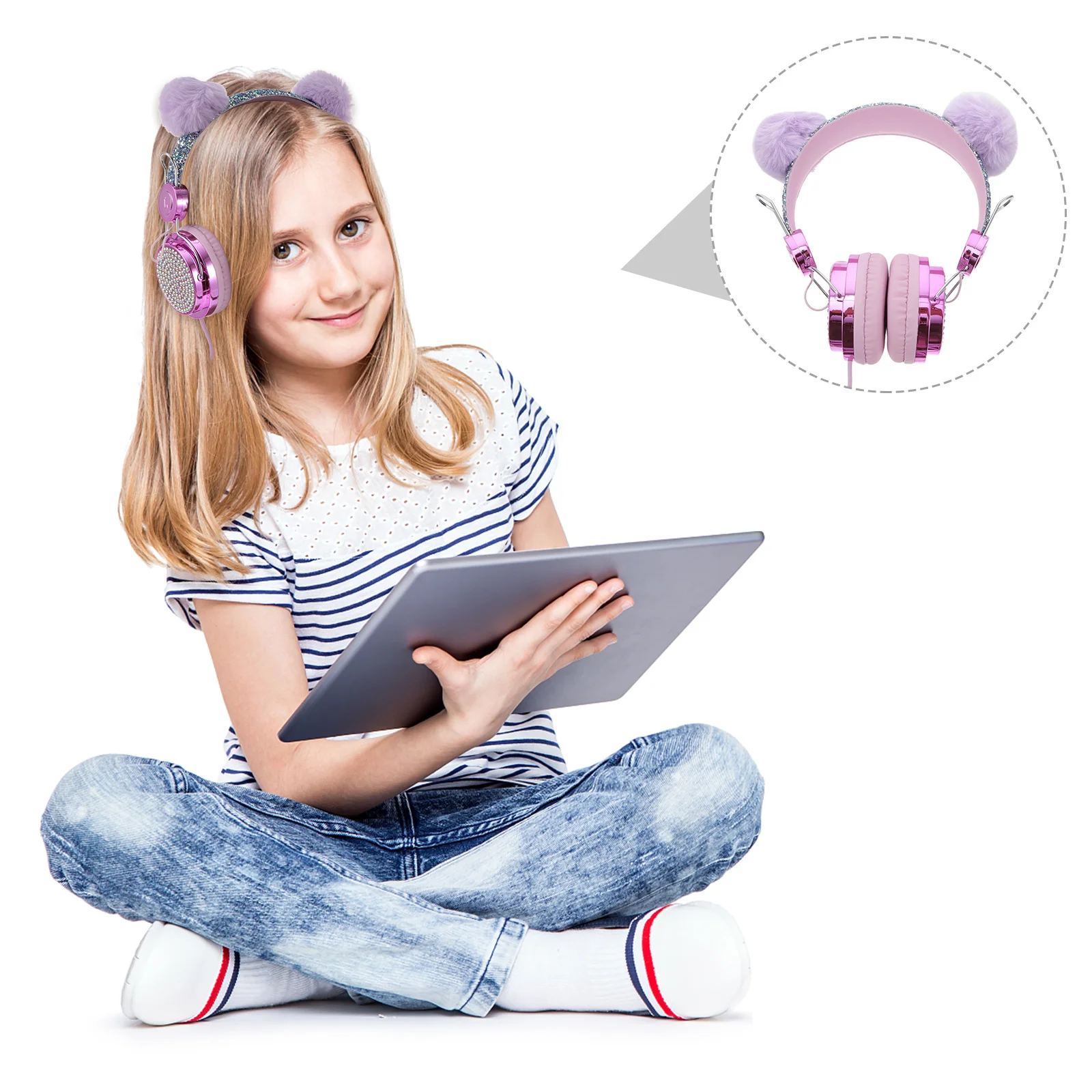

Children Cat Ear Headphones Rhinestone Decorative Ball Over Ear Headset Kids Headphones with Mic for School Travel