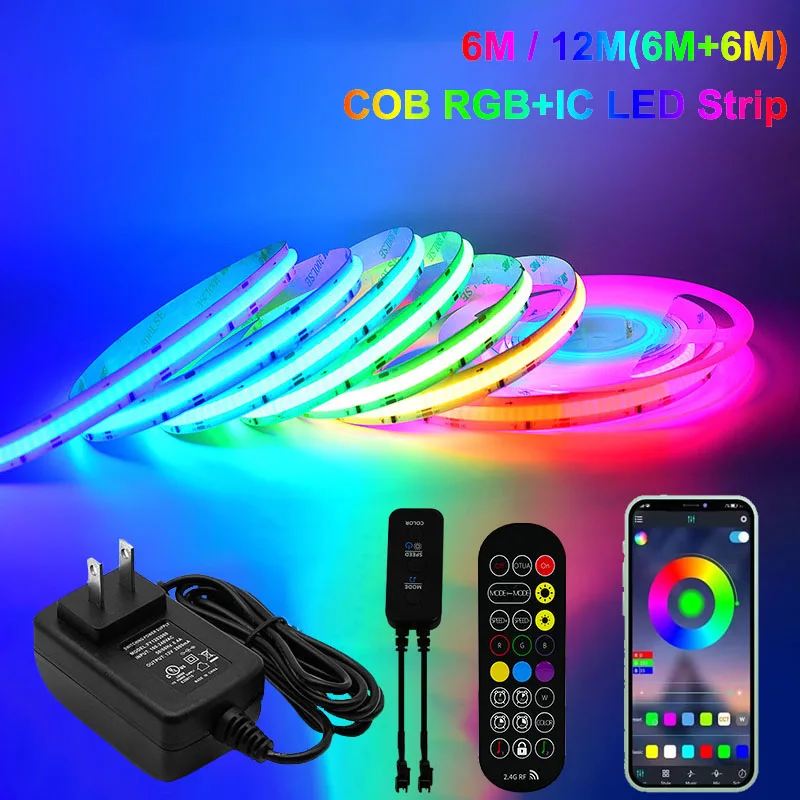 

Светодиодные ленты COB RGBIC 24V 6M/12M RGB Светодиодные фонари для спальни с радиочастотным пультом дистанционного управления Smart Bluetooth APP Music Sync Strip Lights