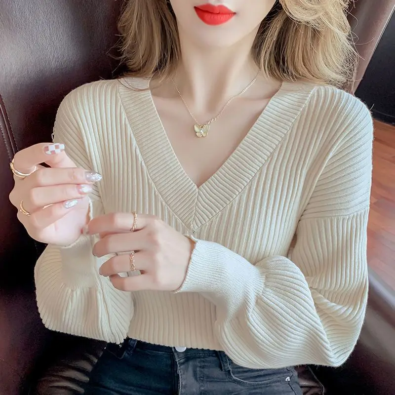 Autumn Winter Solid Color Simple V-neck Sweater Lady Oversized Casual Fashion All-match Jumper Top Women Loose Knitting Pullover