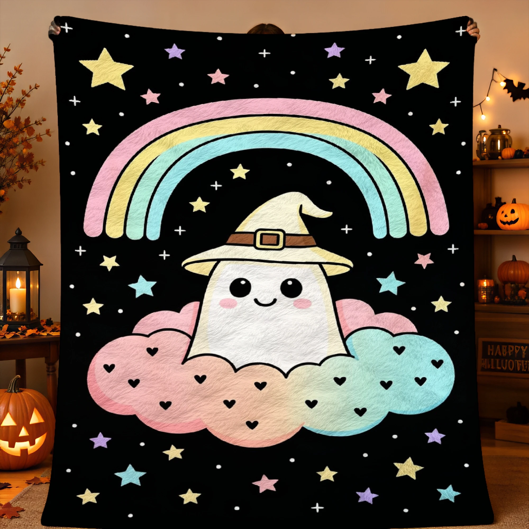 1pc 2D Printed Cute Ghost Witch Hat Rainbow Clouds Stars Black Background Halloween Throw Blanket Warm Soft Comfortable for Sofa