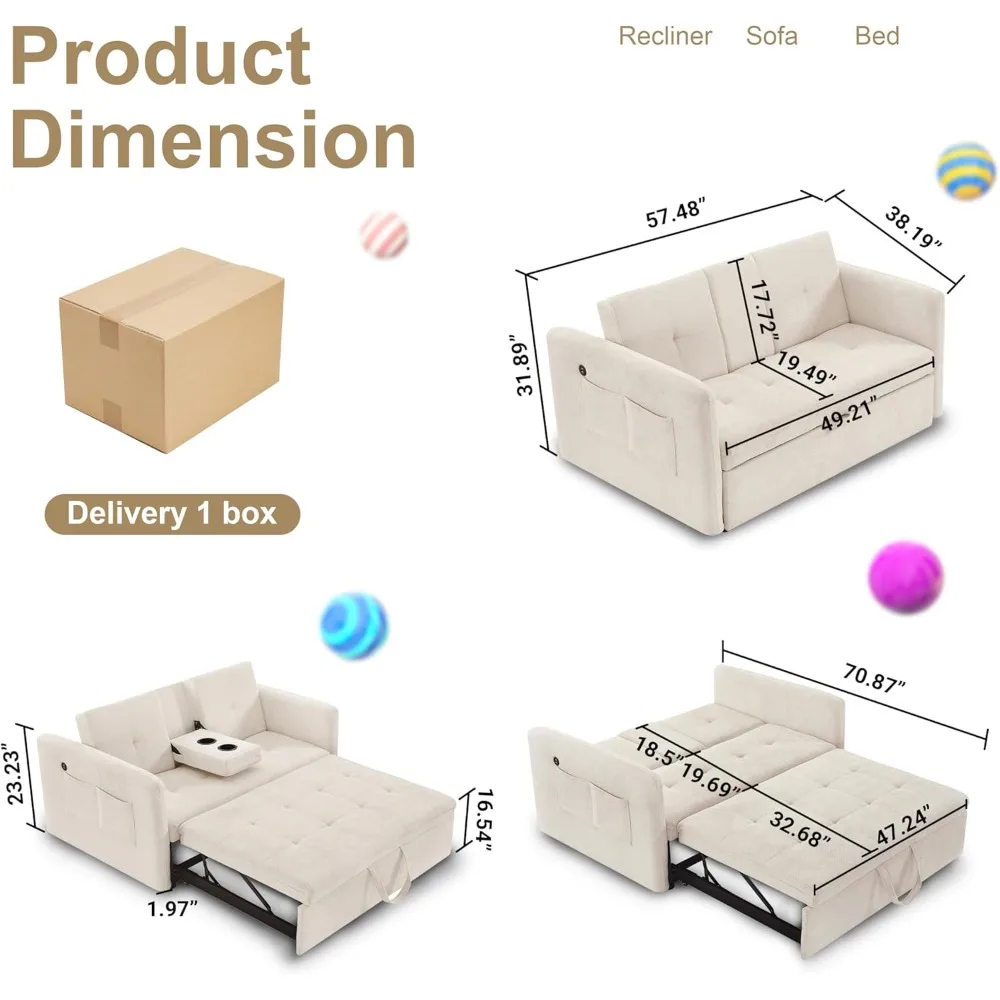 Sofa Bed with Cup Holder, Pull Out Sleeper Sofa Couch Bed, Loveseat Couch, Futon Sofa Bed with USB Charging Ports