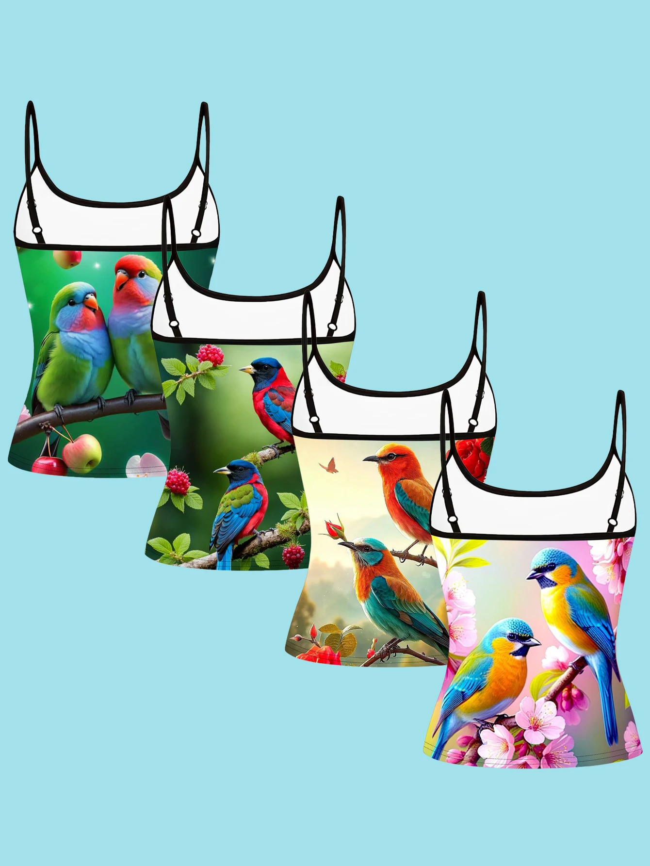 4-Piece Set of Colorful Feather Bird and Fruit Print Camisole Tops for Women, Forest Style Slim Fit Base Layer Outerwear
