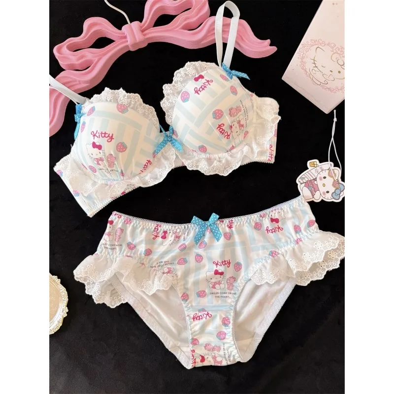 Japanese-style Cute Color-blocked Kitty Bow Lingerie, Wireless Lace Bra and Panty Set for Teen Girls, Push-up for Small Bust - view 3