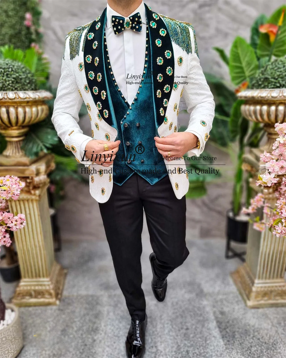 

Elegant Design Men Suits 3 Pieces Sets Wedding Groom Tuxedos Luxury Beaded Crystals Male Prom Blazers Slim trajes para hombre