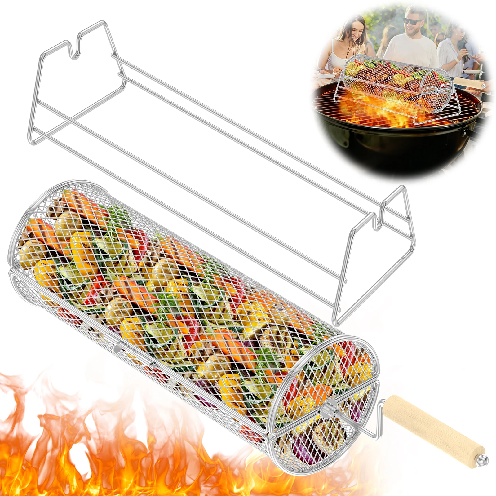 

Rotatable Rolling Grill Basket 304 Stainless Steel BBQ Grilling Net Tube with Removable Wooden Handle BBQ Accessories Men's Gift