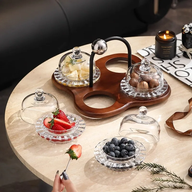 New Chinese-style Solid Wood Fruit Plate, Glass Dim Sum Cup, High-value Dried Fruit Plate Placement Plate, Dried Fruit Plate