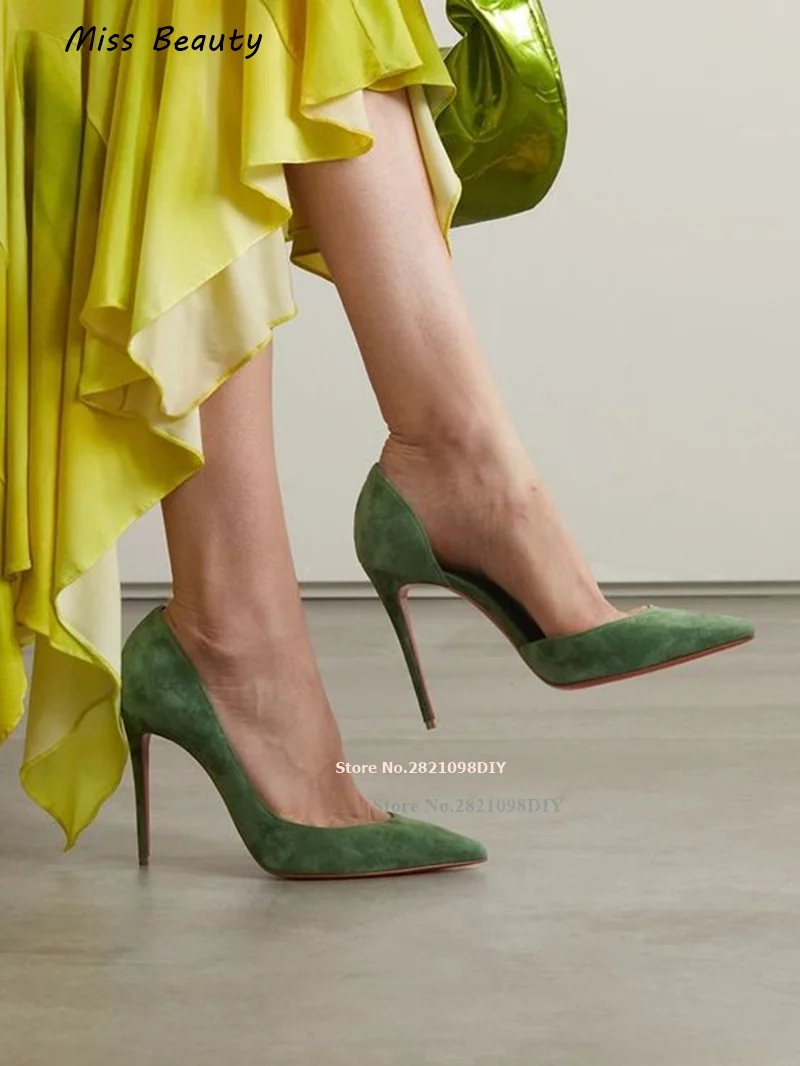 

Grass Green Suede Leather Pointed Hollow Out High Heels Ladies Slip On Pointy Toe Pumps Women Stiletto Party Dress Shoes