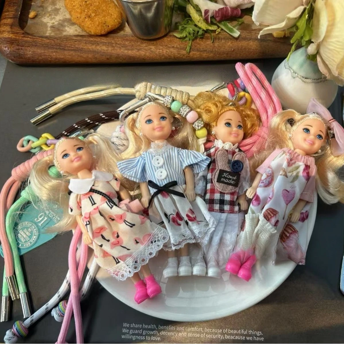 

Cute Fresh Sweet Multi-Style Fashion Doll Keychain (Love Print/Check Pattern) with Lace Trim Bowknot Accessory Colorful Woven La