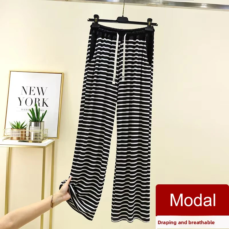 Celana Kasual Modal Besar untuk Wanita, Celana Lurus Bergaris Tipis, Celana Lebar, Celana Santai Longgar dengan Kantong, Celana Piyama Rumahan