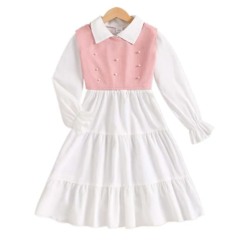 

Kids Girls 2PCS Outfits Spring Autumn White Shirt Dress + Pink Vest Set Long Sleeve Ruffle Cuff Tiered Children Casual Clothing