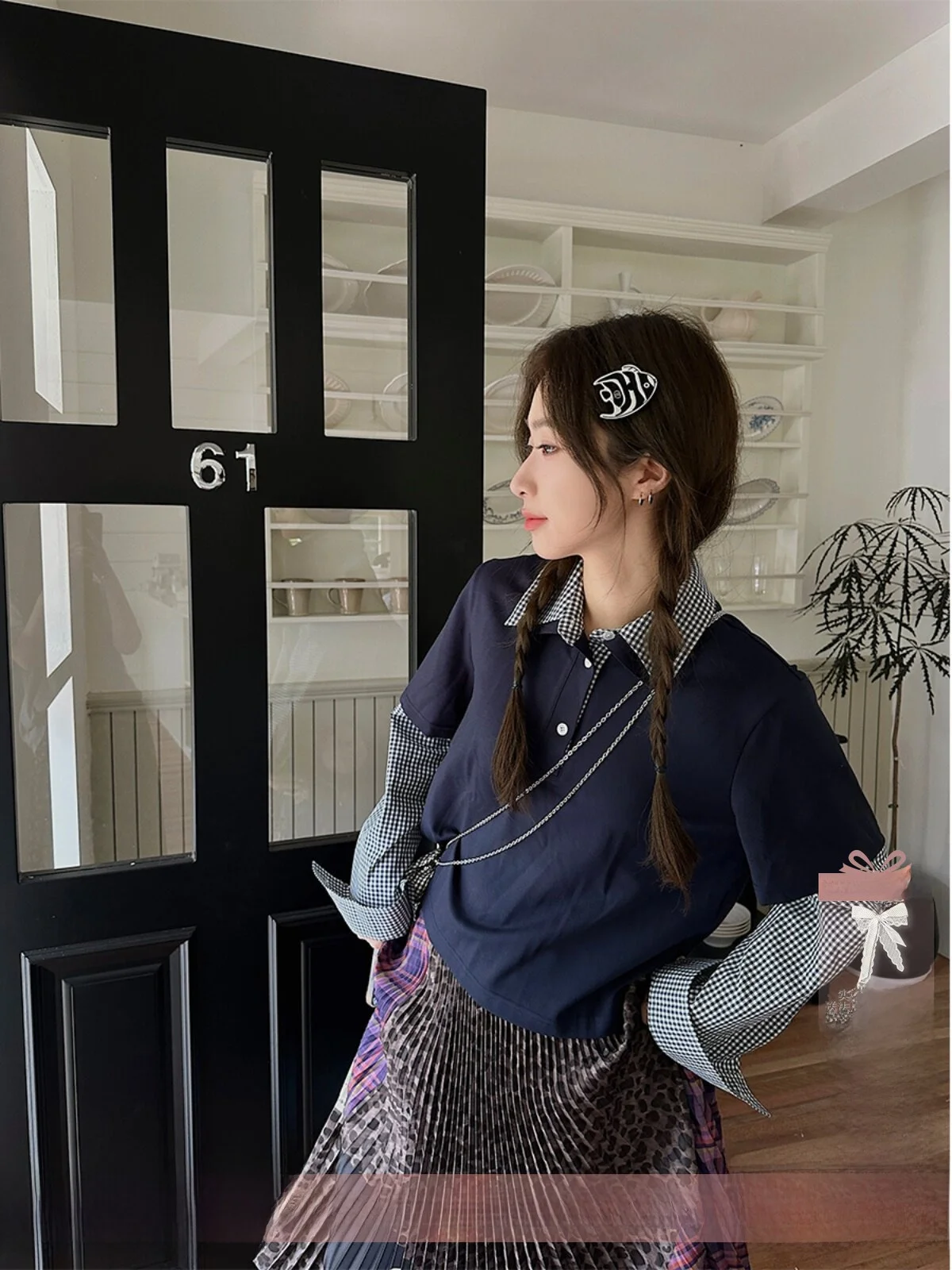 

Brand Early Autumn Turn-down Collar Fake Two-piece irt DEARSOCUTE Handpied Boutique Women's Loose Fit Long Sv...