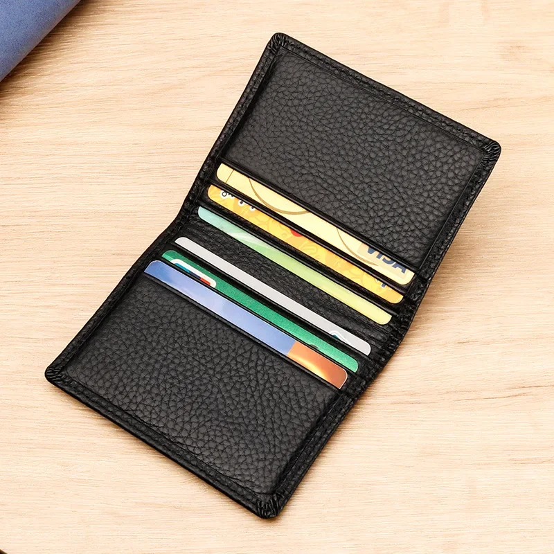 

Genuine Leather Small Card Holder Horizontal Style Litchi Grain Top Layer Cow Leather Credit Card Holder For Men Women