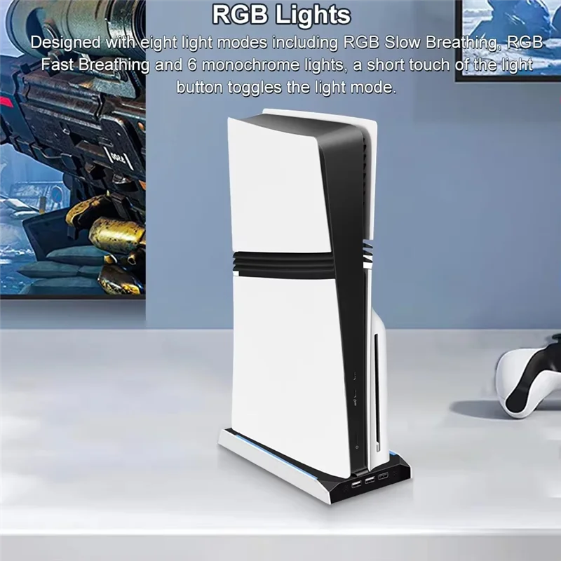 

Cooling Stand For PS5 Pro Slim RGB Vertical Base With 8-Mode RGB And 3-Speed Level Fan Holder 3 USB Ports