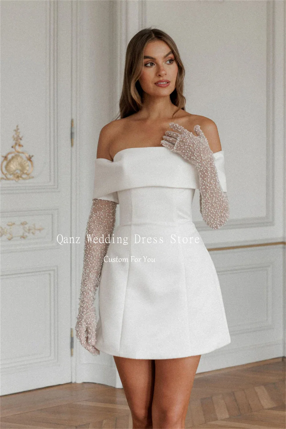 Qanz Simple Off The Shoulder Wedding Dress Women Short Satin Above Knee Vestidos De Novia Vestidos De Novia Boda Customized image 2
