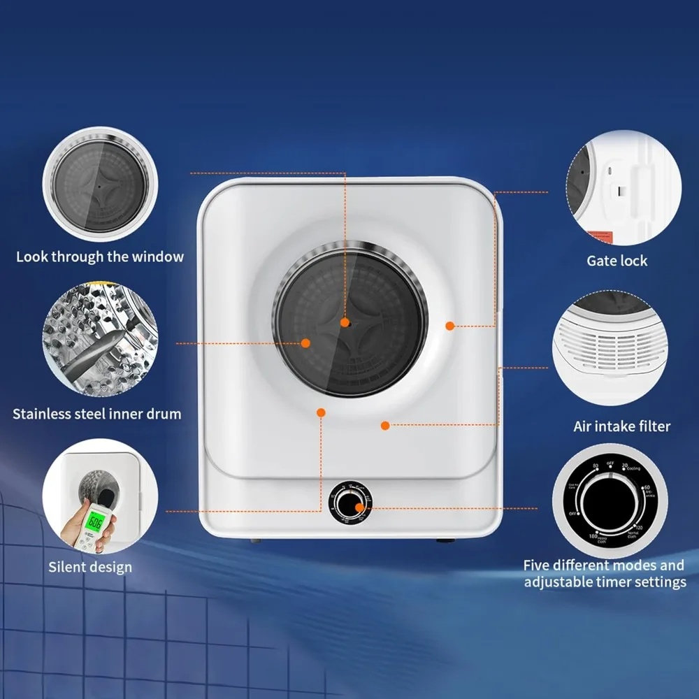 스테인레스 스틸 욕조 의류 건조기, 1.95 Cu.ft 전면 부하 건조기, 5 가지 건조 모드, 휴대용 의류 건조기