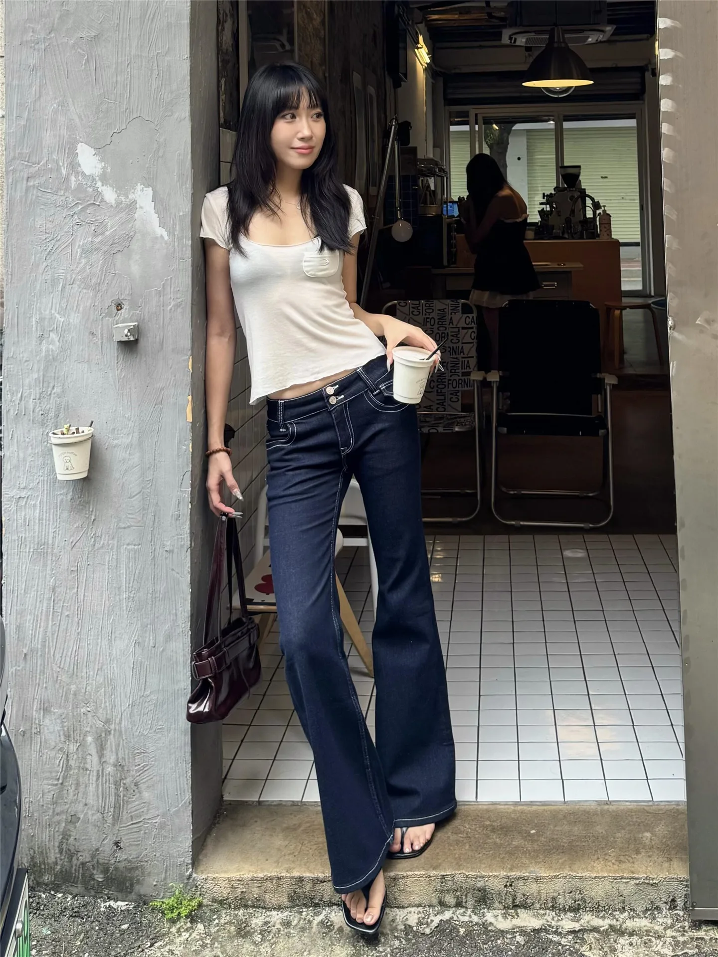 

Retro Deep Blue Low Waist Bell Bottom Jeans Women's Spring Autumn Design Slimming Long Floor Length Pants High Heels