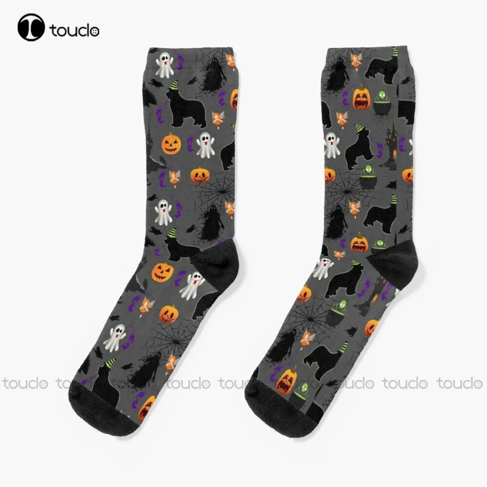 Halloween Newfie Pattern With Grey Background Socks Cotton Socks Fashion Creative Leisure Funny Art Abstract Oil Painting Socks