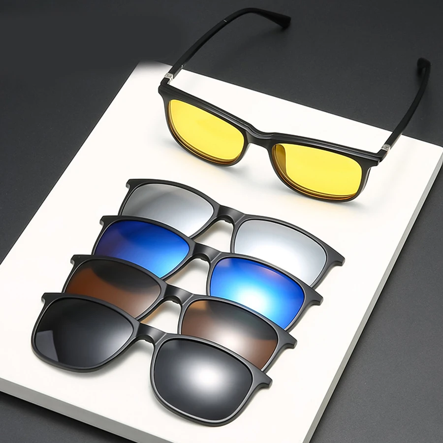 6 In 1 Polarized Sunglasses Men Women Magnetic Clip On Glasses TR90 Optical Prescription Eyeglass Frames Magnet Clips