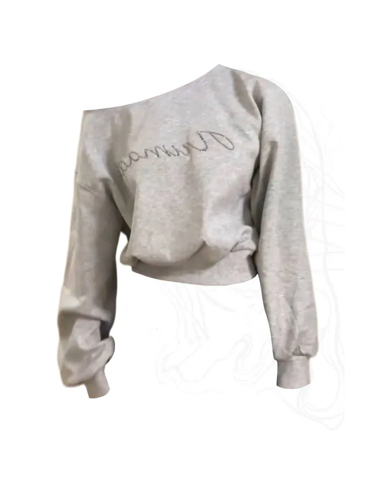 Fashion Vintage Simple O-Neck Pullovers Women Grey Long Sleeve Letter Print Hoodies Autumn Korean Style Y2k Cozy Slim Sweatshirt