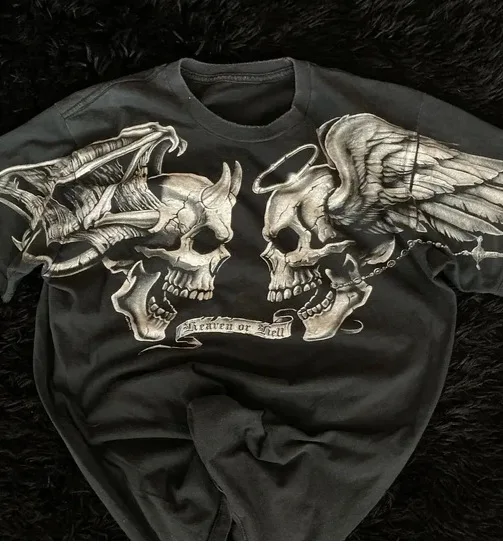 ثلاثية الأبعاد مطبوعة الأمريكية الرجعية القوطي Y2K التأثير نمط الشارع الشهير المحملة القوطية الجمجمة الصليب طباعة العصرية الجرافيك تي شيرت الرجال الملابس